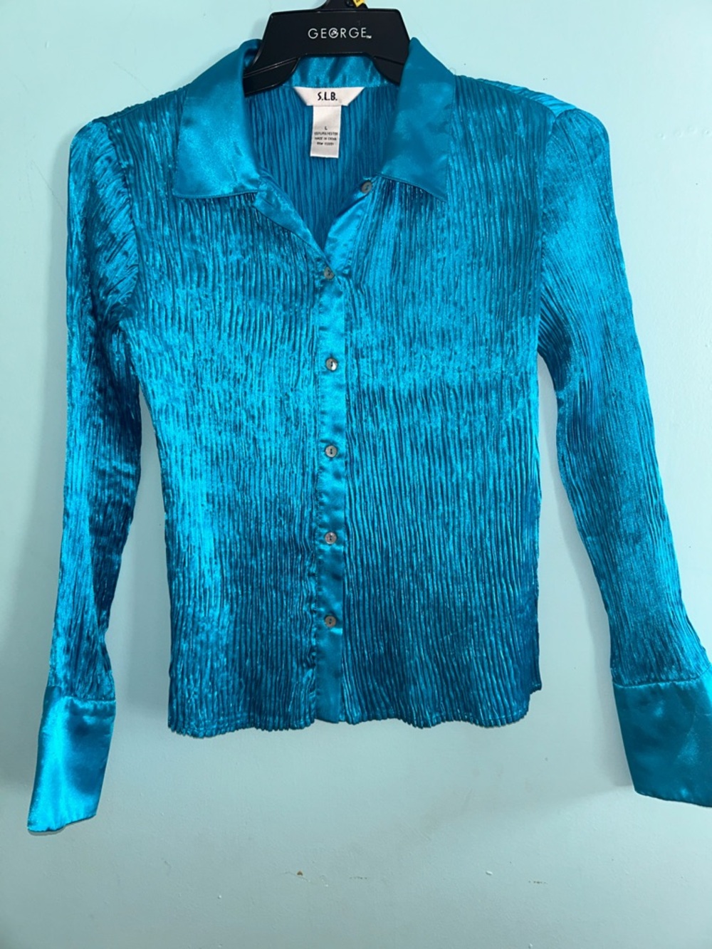 Women's Teal Satin Pleated Button-Up Blouse